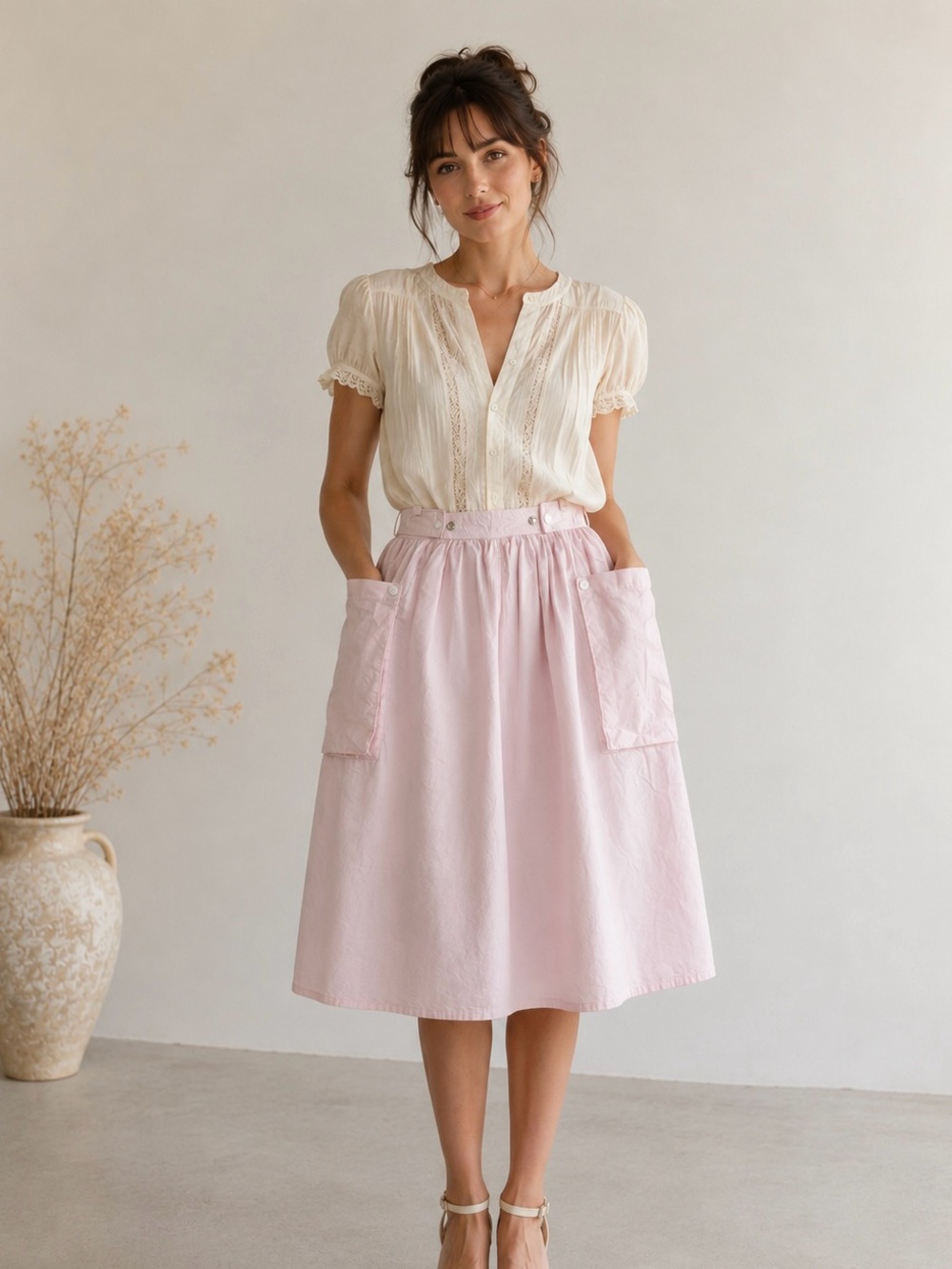 Vintage Rodier France Cottagecore Pink Cotton Midi Skirt big Pockets